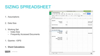 #MDBW17
SIZING SPREADSHEET
1. Assumptions
2. Data Size
1. Working Set
‒ Index Size
‒ Frequently Accessed Documents
1. Queries – IOPS
1. Shard Calculations
 