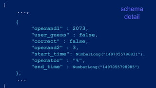 schema
detail
{
...,
{
"operand1" : 2073,
"user_guess" : false,
"correct" : false,
"operand2" : 3,
"start_time": NumberLong("1497055796831"),
"operator" : "%",
"end_time" : NumberLong("1497055798985")
},
...
}
 