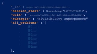 {
"_id" : ObjectId("593b42366523ec06eed182b9"),
"session_start" : NumberLong("1497055796716"),
"uuid" : "urn:uuid:55e72720-c0b1-4e81-89d6-ac1896b06661",
"subtopic" : "divisibility superpowers"
"all_problems" : [{
"operand1" : 14,
"correct" : true,
"user_guess" : false,
"operand2" : 5,
"start_time" : NumberLong("1497055834697"),
"operator" : "%",
"end_time" : NumberLong("1497055835953")
},
{
"operand1" : 24,
"correct" : true,
"user_guess" : true,
"operand2" : 2,
"start_time" : NumberLong("1497055828630"),
"operator" : "%",
"end_time" : NumberLong("1497055830491")
},
{
"operand1" : 69,
"correct" : true,
"user_guess" : false,
"operand2" : 2,
"start_time" : NumberLong("1497055824300"),
"operator" : "%",
"end_time" : NumberLong("1497055825997")
},
{
"operand1" : 26,
"correct" : true,
"user_guess" : false,
"operand2" : 5,
"start_time" : NumberLong("1497055796831"),
"operator" : "%",
"end_time" : NumberLong("1497055798985")
},
{
"operand1" : 67,
"correct" : true,
"user_guess" : false,
"operand2" : 2,
"start_time" : NumberLong("1497055814628"),
"operator" : "%",
"end_time" : NumberLong("1497055816652")
},
{
"operand1" : 31,
"correct" : true,
"user_guess" : false,
"operand2" : 4,
"start_time" : NumberLong("1497055802959"),
"operator" : "%",
"end_time" : NumberLong("1497055804802")
}
],
 