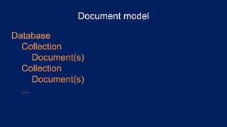 Document model
Database
Collection
Document(s)
Collection
Document(s)
...
 
