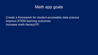 Math app goals
Create a framework for student-accessible data science
Improve STEM learning outcomes
Increase math literacy!!!!!
 