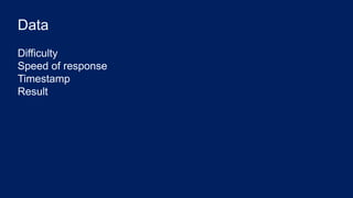 Data
Difficulty
Speed of response
Timestamp
Result
 