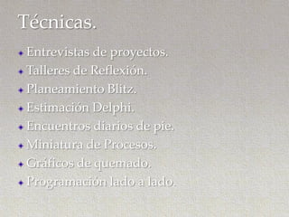 Técnicas.
Entrevistas de proyectos.
Talleres de Reflexión.
Planeamiento Blitz.
Estimación Delphi.
Encuentros diarios de pie.
Miniatura de Procesos.
Gráficos de quemado.
Programación lado a lado.