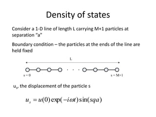 Density of states
L
s = 0 s = M+1
Consider a 1-D line of length L carrying M+1 particles at
separation “a”
Boundary condition – the particles at the ends of the line are
held fixed
us, the displacement of the particle s
)sin()exp()0( sqatiuus 
 