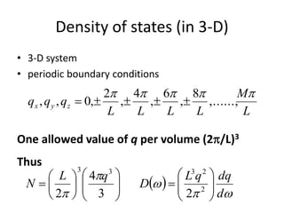 Density of states (in 3-D)
• 3-D system
• periodic boundary conditions
L
M
LLLL
qqq zyx

,......,
8
,
6
,
4
,
2
,0,, 
One allowed value of q per volume (2/L)3
Thus
 



 d
dqqL
D
qL
N 

















 2
2333
23
4
2
 