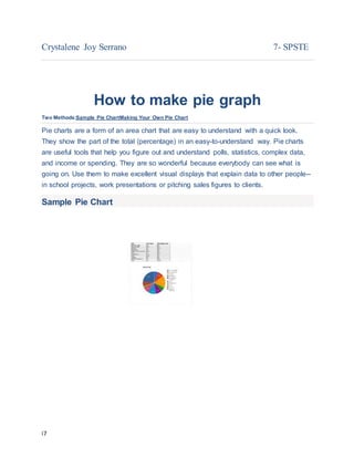 i7
Crystalene Joy Serrano 7- SPSTE
How to make pie graph
Two Methods:Sample Pie ChartMaking Your Own Pie Chart
Pie charts are a form of an area chart that are easy to understand with a quick look.
They show the part of the total (percentage) in an easy-to-understand way. Pie charts
are useful tools that help you figure out and understand polls, statistics, complex data,
and income or spending. They are so wonderful because everybody can see what is
going on. Use them to make excellent visual displays that explain data to other people--
in school projects, work presentations or pitching sales figures to clients.
Sample Pie Chart
 