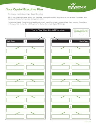 Your Crystal Executive Plan
 Here’s your map to becoming a Crystal Executive.

 Fill in your new Associates’ names and their new, personally enrolled Associates as they achieve Consultant rank,
 so you can track where you are at any given point.

 To become Crystal Executive, you need to personally enroll five on each side and help them become Consultants
 within your first six months with Isagenix® or during the annual Crystal Challenge.



                                  You or Your Next Crystal Executive                          Date you want to reach
                                                                                               Crystal Executive by:

                                                                                                 ____ /____ /____




Left Team               1                                                                1             Right Team




                        2                                                                2




                        3                                                                3




                        4                                                                4




                        5                                                                5




                                                                                                              09-1981_4.7.09
 