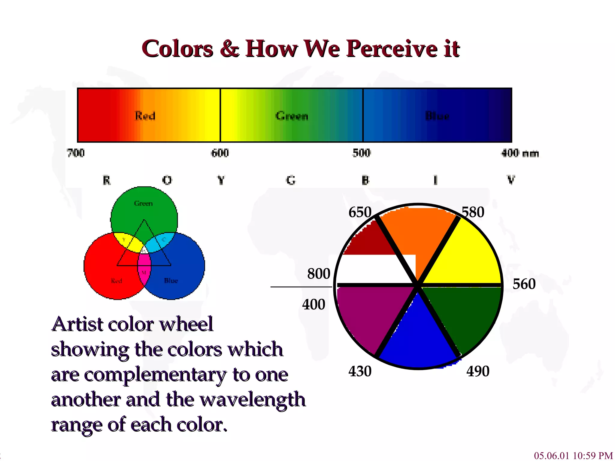 Colors & How We Perceive it 800 430 650 580 560 490 Artist color wheel showing the colors which are complementary to one another and the wavelength range of each color. 400 