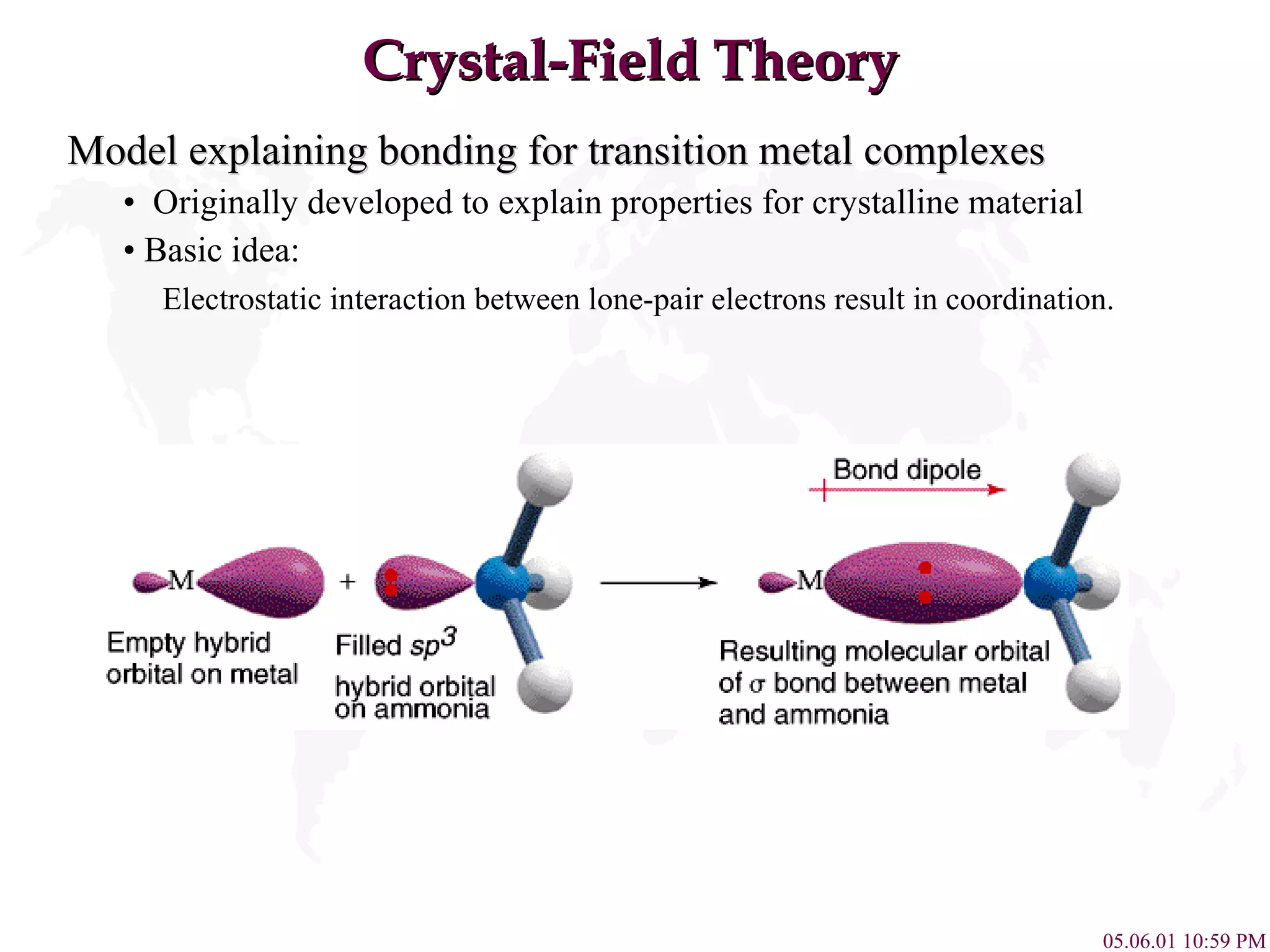 Crystal-Field Theory Model explaining bonding for transition metal complexes •  Originally developed to explain properties for crystalline material •  Basic idea: Electrostatic interaction between lone-pair electrons result in coordination.   