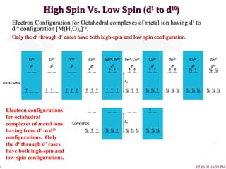High Spin Vs. Low Spin (d 1  to d 10 ) Electron Configuration for Octahedral complexes of metal ion having d 1  to d 10  configuration [M(H 2 O) 6 ] +n .  Only the d 4  through d 7  cases have both high-spin and low spin configuration . Electron configurations for octahedral complexes of metal ions having from d 1  to d 10  configurations.  Only the d 4  through d 7  cases have both high-spin and low-spin configurations. 