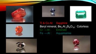 Ti & Co Al: Sapphire
Beryl mineral, Be3 Al 2Si6O18: Colorless
Cr → Al : Emerald
Fe → Al : Aquamarine
 