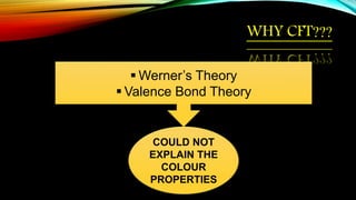 WHY CFT???
 Werner’s Theory
 Valence Bond Theory
COULD NOT
EXPLAIN THE
COLOUR
PROPERTIES
 