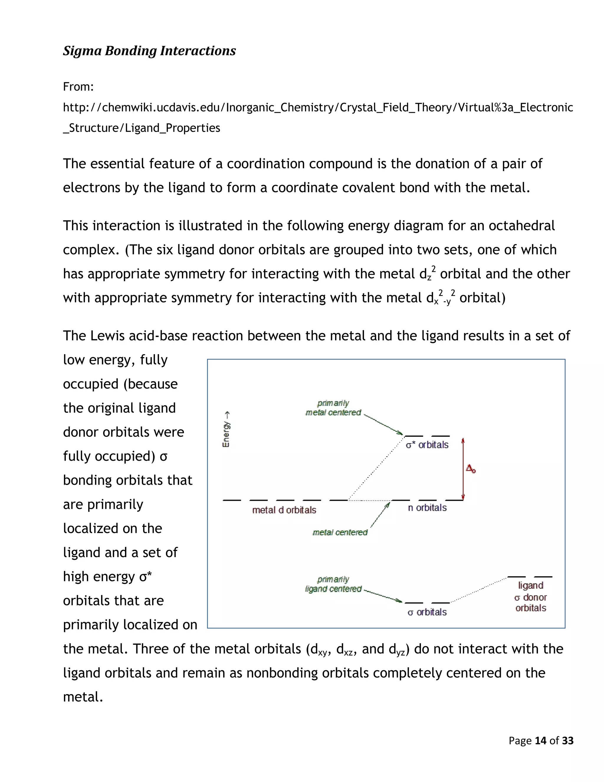 Page 14 of 33
Sigma Bonding Interactions
From:
http://chemwiki.ucdavis.edu/Inorganic_Chemistry/Crystal_Field_Theory/Virtual%3a_Electronic
_Structure/Ligand_Properties
The essential feature of a coordination compound is the donation of a pair of
electrons by the ligand to form a coordinate covalent bond with the metal.
This interaction is illustrated in the following energy diagram for an octahedral
complex. (The six ligand donor orbitals are grouped into two sets, one of which
has appropriate symmetry for interacting with the metal dz
2
orbital and the other
with appropriate symmetry for interacting with the metal dx
2
-y
2
orbital)
The Lewis acid-base reaction between the metal and the ligand results in a set of
low energy, fully
occupied (because
the original ligand
donor orbitals were
fully occupied) σ
bonding orbitals that
are primarily
localized on the
ligand and a set of
high energy σ*
orbitals that are
primarily localized on
the metal. Three of the metal orbitals (dxy, dxz, and dyz) do not interact with the
ligand orbitals and remain as nonbonding orbitals completely centered on the
metal.
 