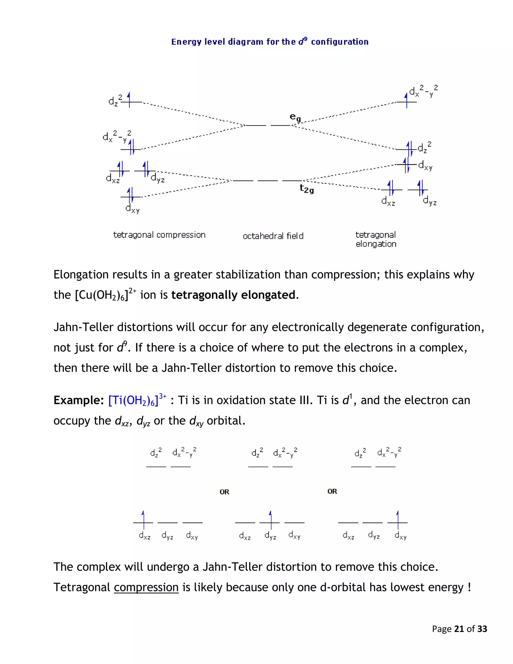 Page 21 of 33
Elongation results in a greater stabilization than compression; this explains why
the [Cu(OH2)6]2+
ion is tetragonally elongated.
Jahn-Teller distortions will occur for any electronically degenerate configuration,
not just for d9
. If there is a choice of where to put the electrons in a complex,
then there will be a Jahn-Teller distortion to remove this choice.
Example: [Ti(OH2)6]3+
: Ti is in oxidation state III. Ti is d1
, and the electron can
occupy the dxz, dyz or the dxy orbital.
The complex will undergo a Jahn-Teller distortion to remove this choice.
Tetragonal compression is likely because only one d-orbital has lowest energy !
 