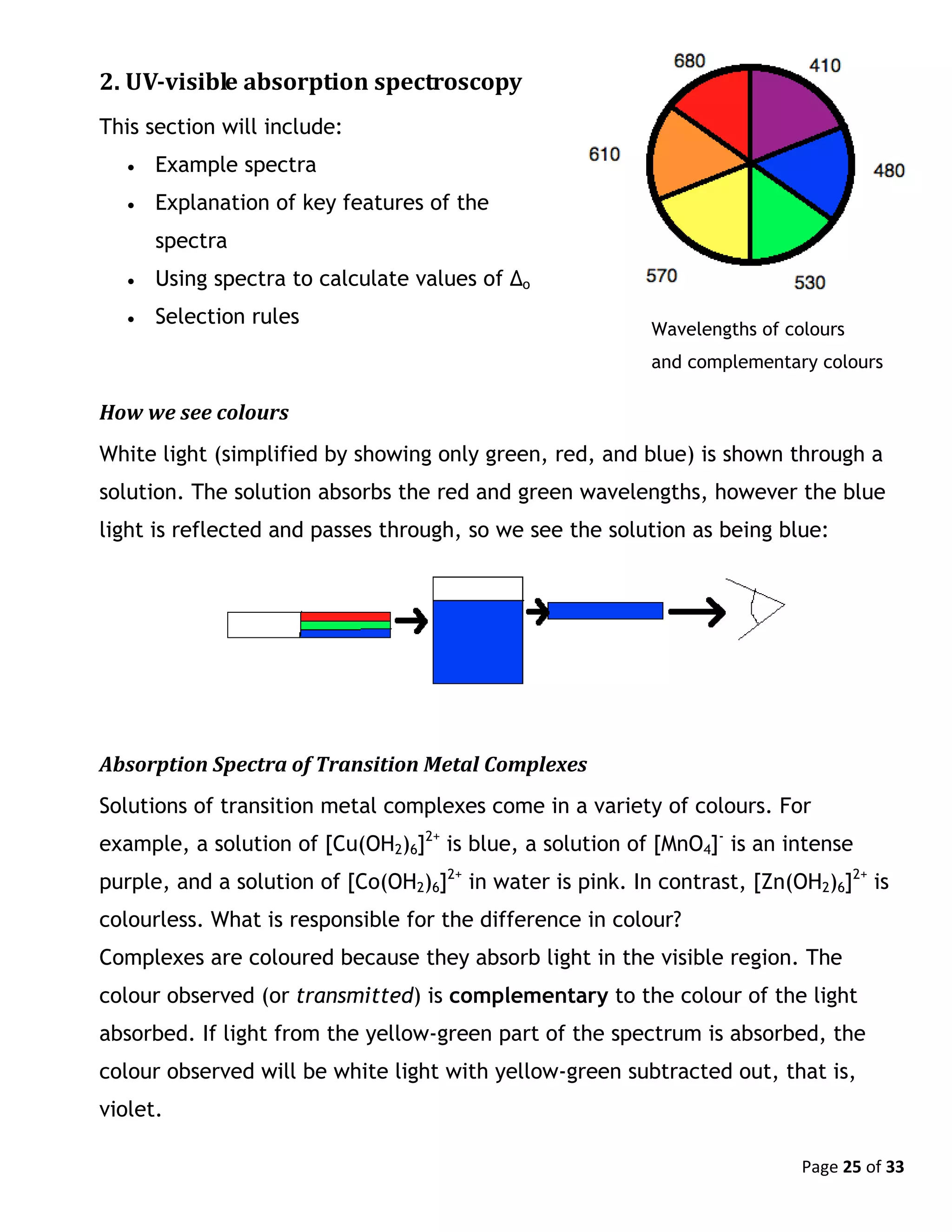 Page 25 of 33
2. UV-visible absorption spectroscopy
This section will include:
 Example spectra
 Explanation of key features of the
spectra
 Using spectra to calculate values of Δo
 Selection rules
How we see colours
White light (simplified by showing only green, red, and blue) is shown through a
solution. The solution absorbs the red and green wavelengths, however the blue
light is reflected and passes through, so we see the solution as being blue:
Absorption Spectra of Transition Metal Complexes
Solutions of transition metal complexes come in a variety of colours. For
example, a solution of [Cu(OH2)6]2+
is blue, a solution of [MnO4]-
is an intense
purple, and a solution of [Co(OH2)6]2+
in water is pink. In contrast, [Zn(OH2)6]2+
is
colourless. What is responsible for the difference in colour?
Complexes are coloured because they absorb light in the visible region. The
colour observed (or transmitted) is complementary to the colour of the light
absorbed. If light from the yellow-green part of the spectrum is absorbed, the
colour observed will be white light with yellow-green subtracted out, that is,
violet.
Wavelengths of colours
and complementary colours
 