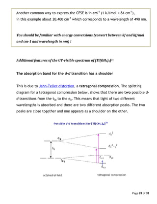 Page 28 of 33
Another common way to express the CFSE is in cm-1
(1 kJ/mol = 84 cm-1
),
in this example about 20.400 cm-1
which corresponds to a wavelength of 490 nm.
You should be familiar with energy conversions (convert between kJ and kJ/mol
and cm-1 and wavelength in nm) !
Additional features of the UV-visible spectrum of [Ti(OH2)6]3+
The absorption band for the d-d transition has a shoulder
This is due to Jahn-Teller distortion, a tetragonal compression. The splitting
diagram for a tetragonal compression below, shows that there are two possible d-
d transitions from the t2g to the eg. This means that light of two different
wavelengths is absorbed and there are two different absorption peaks. The two
peaks are close together and one appears as a shoulder on the other.
 