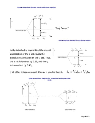Page 8 of 33
In the tetrahedral crystal field the overall
stabilization of the e set equals the
overall destabilisation of the t2 set. Thus,
the e set is lowered by 0.6Δt and the t2
set are raised by 0.4Δt.
If all other things are equal, then Δt is smaller than Δo. Δt ≈ 4
⁄9Δo ≈ 1
⁄2Δo
“Bary Center”
 