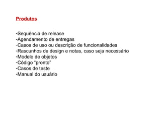 Produtos Sequência de release Agendamento de entregas Casos de uso ou descrição de funcionalidades Rascunhos de design e notas, caso seja necessário Modelo de objetos Código “pronto” Casos de teste Manual do usuário 