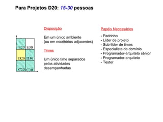 Papéis Necessários - Padrinho - Líder de projeto - Sub-líder de times - Especialista de domínio - Programador-arquiteto sênior  - Programador-arquiteto - Tester Disposição Em um único ambiente (ou em escritórios adjacentes) ‏ Times Um único time separados pelas atividades desempenhadas Para Projetos D20:  15-30  pessoas C20 C30 D20 D30 E20 E30 