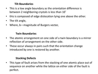 Tilt Boundaries
• This is a low angle boundary as the orientation difference is
between 2 neighboring crystals is less than 10˚
• this is composed of edge dislocation lying one above the other.
• The tilt angle,
• Where, b—magnitude of Burgers vector,
Twin Boundaries
• The atomic arrangement on one side of a twin boundary is a mirror
reflection of arrangement on the other side.
• These occur always in pairs such that the orientation change
introduced by one is restored by another.
Stacking Defects
• This type of fault arises from the stacking of one atomic place out of
sequence on another while the lattice on either side of the fault is
perfect.
 