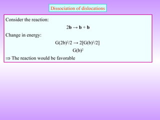 Dissociation of dislocations 
Consider the reaction: 
2b → b + b 
Change in energy: 
G(2b)2/2 → 2[G(b)2/2] 
G(b)2 
Þ The reaction would be favorable 
 