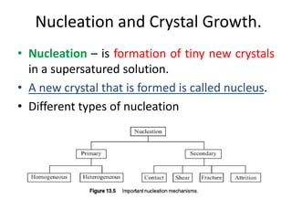 Nucleation and Crystal Growth.
• Nucleation – is formation of tiny new crystals
in a supersatured solution.
• A new crystal that is formed is called nucleus.
• Different types of nucleation
 