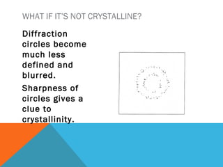 Diffraction
circles become
much less
defined and
blurred.
Sharpness of
circles gives a
clue to
crystallinity.
WHAT IF IT’S NOT CRYSTALLINE?
 