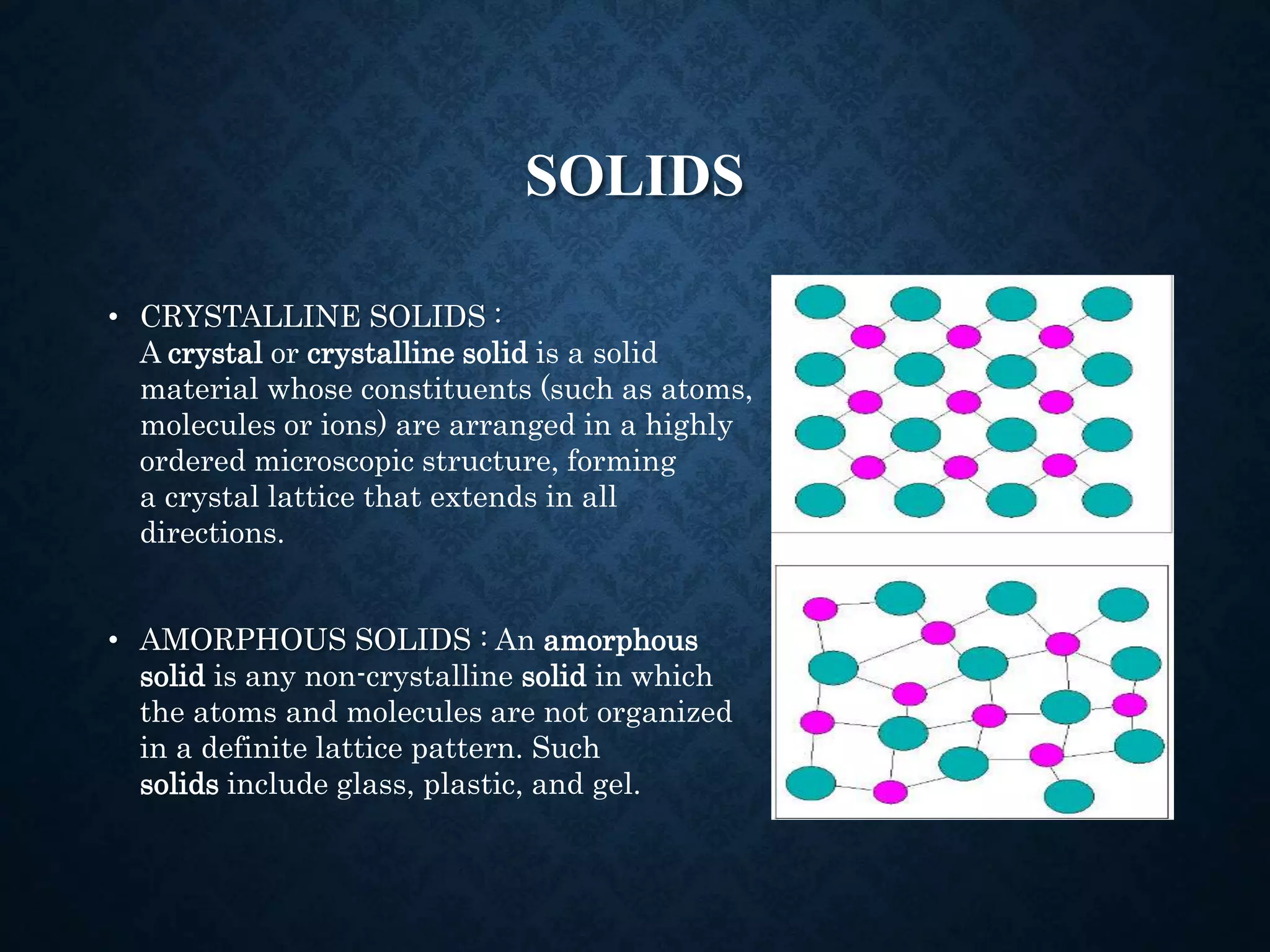 SOLIDS
• CRYSTALLINE SOLIDS :
A crystal or crystalline solid is a solid
material whose constituents (such as atoms,
molecules or ions) are arranged in a highly
ordered microscopic structure, forming
a crystal lattice that extends in all
directions.
• AMORPHOUS SOLIDS : An amorphous
solid is any non-crystalline solid in which
the atoms and molecules are not organized
in a definite lattice pattern. Such
solids include glass, plastic, and gel.
 