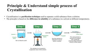 Principle & Understand simple process of
Crystallisation
• Crystallisation is a purification technique used to separate a solid substance from a solution.
• The principle is based on the difference in solubility of a substance in a solvent at different temperatures.
 