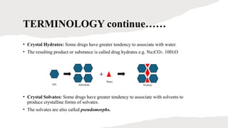 TERMINOLOGY continue……
• Crystal Hydrates: Some drugs have greater tendency to associate with water.
• The resulting product or substance is called drug hydrates e.g. Na2CO3. 10H2O
• Crystal Solvates: Some drugs have greater tendency to associate with solvents to
produce crystalline forms of solvates.
• The solvates are also called pseudomorphs.
API Anhydrate
Water
Hydrate
 