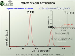 EFFECTS OF A SIZE DISTRIBUTION

Lognormal distribution of spheres:                p ( D ) = exp  − ( ln D − µ ) 2 ) 2σ 2  Dσ 2π
                                                                                         

                                                                                                 D = 13.33


                                                                                 <L>V
                                                                                                 D = 11.82


                                                                             D = exp ( µ + σ 2 2 )
                                                                               mean diameter
                                                                      < L >V = 3 4 exp ( µ + 7σ 2 2 )
                                                                                ‘Scherrer’ size




                                                                                                        15
            P. Scardi, Size-Strain V (Garmisch (D) Sept. 2007). Z. Kristallogr. 2008. In press
 