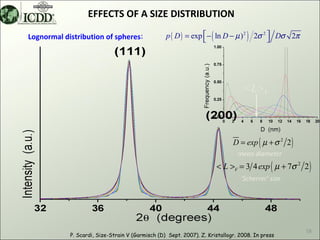 EFFECTS OF A SIZE DISTRIBUTION

Lognormal distribution of spheres:                p ( D ) = exp  − ( ln D − µ ) 2 ) 2σ 2  Dσ 2π
                                                                                         




                                                                                 <L>V



                                                                             D = exp ( µ + σ 2 2 )
                                                                               mean diameter
                                                                      < L >V = 3 4 exp ( µ + 7σ 2 2 )
                                                                                ‘Scherrer’ size




                                                                                                     19
            P. Scardi, Size-Strain V (Garmisch (D) Sept. 2007). Z. Kristallogr. 2008. In press
 
