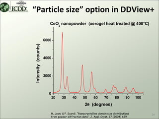 “Particle size” option in DDView+




     M. Leoni & P. Scardi, “Nanocrystalline domain size distributions   24
     from powder diffraction data”, J. Appl. Cryst. 37 (2004) 629
 