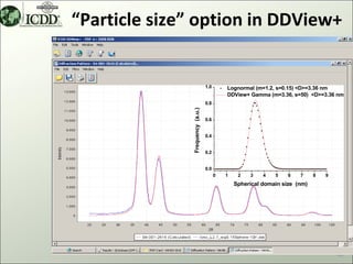 “Particle size” option in DDView+


                                 1.0       Lognormal (m=1.2, s=0.15) <D>=3.36 nm
                                           DDView+ Gamma (m=3.36, s=50) <D>=3.36 nm
                                 0.8




              Frequency (a.u.)
                                 0.6


                                 0.4


                                 0.2


                                 0.0
                                       0   1    2   3    4   5    6   7     8   9
                                               Spherical domain size (nm)




                                                                                    38
 