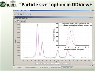 “Particle size” option in DDView+


                                  1.0       Lognormal (m=1.2, s=0.15) <D>=3.36 nm
                                            DDView+ Gamma (m=4.0, s=50) <D>=4.0 nm
                                  0.8




               Frequency (a.u.)
                                  0.6


                                  0.4


                                  0.2


                                  0.0
                                        0   1    2   3    4   5    6   7     8   9
                                                Spherical domain size (nm)




                                                                                     39
 