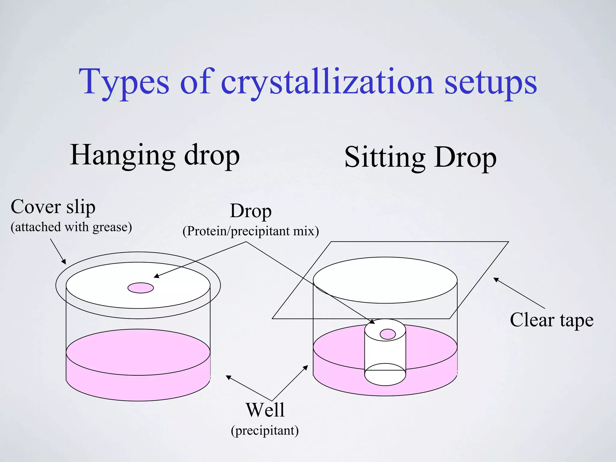 Types of crystallization setups
          Hanging drop                               Sitting Drop
Cover slip                       Drop
(attached with grease)   (Protein/precipitant mix)




                                                                    Clear tape



                                    Well
                                 (precipitant)
 
