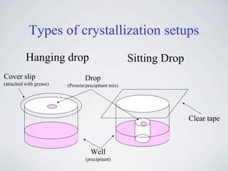 Types of crystallization setups
          Hanging drop                               Sitting Drop
Cover slip                       Drop
(attached with grease)   (Protein/precipitant mix)




                                                                    Clear tape



                                    Well
                                 (precipitant)
 
