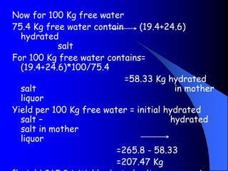 Now for 100 Kg free water
75.4 Kg free water contain (19.4+24.6)
hydrated
salt
For 100 Kg free water contains=
(19.4+24.6)*100/75.4
=58.33 Kg hydrated
salt in mother
liquor
Yield per 100 Kg free water = initial hydrated
salt – hydrated
salt in mother
liquor
=265.8 - 58.33
=207.47 Kg
 