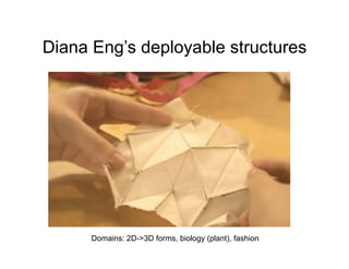 Diana Eng’s deployable structures




      Domains: 2D->3D forms, biology (plant), fashion
 