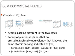 FCC & BCC CRYSTAL PLANES

Consider (110) plane




   • Atomic packing different in the two cases
   • Family of planes: all planes that are
     crystallographically equivalent—that is having the
     same atomic packing, indicated as {hkl}
      – For example, {100} includes (100), (010), (001) planes
      – {110} includes (110), (101), (011), etc.
 