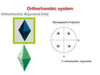 Tetragonal prism of
second order [100]
systemTetragonal
ographic projection of Tetragonal
em Forms.
+
1- Basal Pinacoid
(001)
(00-1)
2- Tetragonal prism of 1st order
+
++
+ (110)
3- Tetragonal Prism of 2nd Order
+
+
+
+
(100)
Stereographic Projection
 