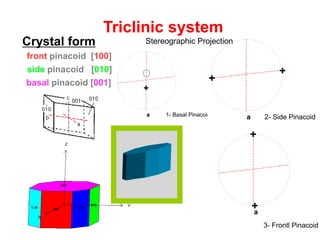 Negative trigonal
rhombohedron [0kkl]
-
0kkl
-
a1 -a
3
a2
Trigonal system
a1 -a3
a2
a1 -a3
a2
Positive rhombohedron {10-11} Negative rhombohedron {01-11}
+
++
+
+
+
a1 -a3
a2
a1
a2
+
+
+
+
+
+
+
+
+ +
+
+
Stereographic Projection
 
