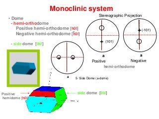 5- Side Dome (a-dome)4- Monoclinic Prism
a
+
+
a
++
a a
+ (101)
+(-101)
++
(111)
+
(-111)
-
011
Monoclinic system
• Dome
- hemi-orthodome
Positive hemi-orthodome [h0l]
Negative hemi-orthodome [h0l]
- side dome [0kl]
-
101
011
side dome [0kl]Positive
hemidome [h0l]
5- Side Dome (a-dome)4- Monoclinic Prism
a a
6- Hemi-orthodome
a a
+
Positive
(101)
+
Negative
(-101)
7-Hemibipyramid
a a
++
(111)
++
(-111)
hemi-orthodome
Stereographic Projection
 