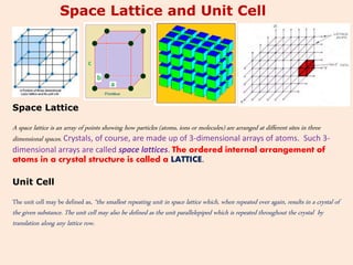 Space Lattice
A space lattice is an array of points showing how particles (atoms, ions or molecules) are arranged at different sites in three
dimensional spaces. Crystals, of course, are made up of 3-dimensional arrays of atoms. Such 3-
dimensional arrays are called space lattices. The ordered internal arrangement of
atoms in a crystal structure is called a LATTICE.
Unit Cell
The unit cell may be defined as, “the smallest repeating unit in space lattice which, when repeated over again, results in a crystal of
the given substance. The unit cell may also be defined as the unit parallelepiped which is repeated throughout the crystal by
translation along any lattice row.
Space Lattice and Unit Cell
 