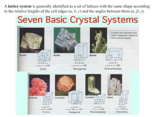 A lattice system is generally identified as a set of lattices with the same shape according
to the relative lengths of the cell edges (a, b, c) and the angles between them (α, β, γ).
 