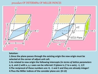 procedure OF DETERMINe OF MILLER INDICES
Solution:
1.Since the plane passes through the existing origin the new origin must be
selected at the corner of adjust unit cell.
2.As related to new origin the following intercepts (in terms of lattice parameters
a, b, and c) with x, y, z axes can be referred: (plane is // to x-axis), -1, 1/2
3.The reciprocal of these numbers are: 0, -1 and 2 and they are already integer!
4.Thus the Miller indices of the consider plane are: (0-12)
 
