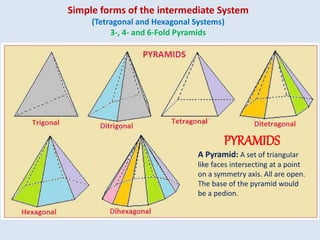 Simple forms of the intermediate System
(Tetragonal and Hexagonal Systems)
3-, 4- and 6-Fold Pyramids
PYRAMIDS
A Pyramid: A set of triangular
like faces intersecting at a point
on a symmetry axis. All are open.
The base of the pyramid would
be a pedion.
 