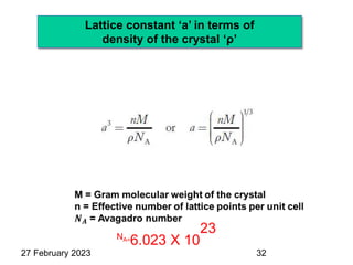 27 February 2023
Lattice constant ‘a’ in terms of
density of the crystal ‘ρ’
32
NA=
6.023 X 10
23
 
