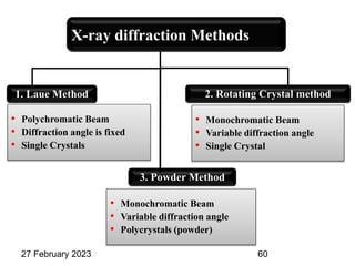 27 February 2023
X-ray diffraction Methods
1. Laue Method 2. Rotating Crystal method
3. Powder Method
• Polychromatic Beam
• Diffraction angle is fixed
• Single Crystals
• Monochromatic Beam
• Variable diffraction angle
• Single Crystal
• Monochromatic Beam
• Variable diffraction angle
• Polycrystals (powder)
60
 