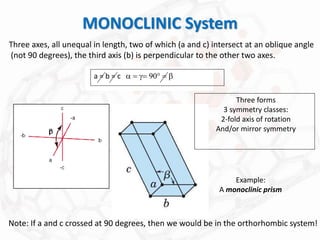 MONOCLINIC System
Three axes, all unequal in length, two of which (a and c) intersect at an oblique angle
(not 90 degrees), the third axis (b) is perpendicular to the other two axes.
Note: If a and c crossed at 90 degrees, then we would be in the orthorhombic system!
a = b = c a = g= 90 = b
Three forms
3 symmetry classes:
2-fold axis of rotation
And/or mirror symmetry
Example:
A monoclinic prism
 